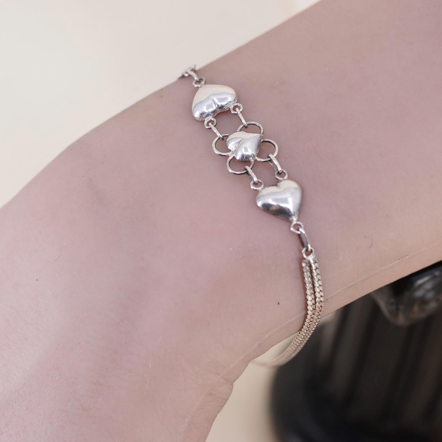 7”, vintage Sterling Silver Bracelet, 925 curb chain with heart and bell chime