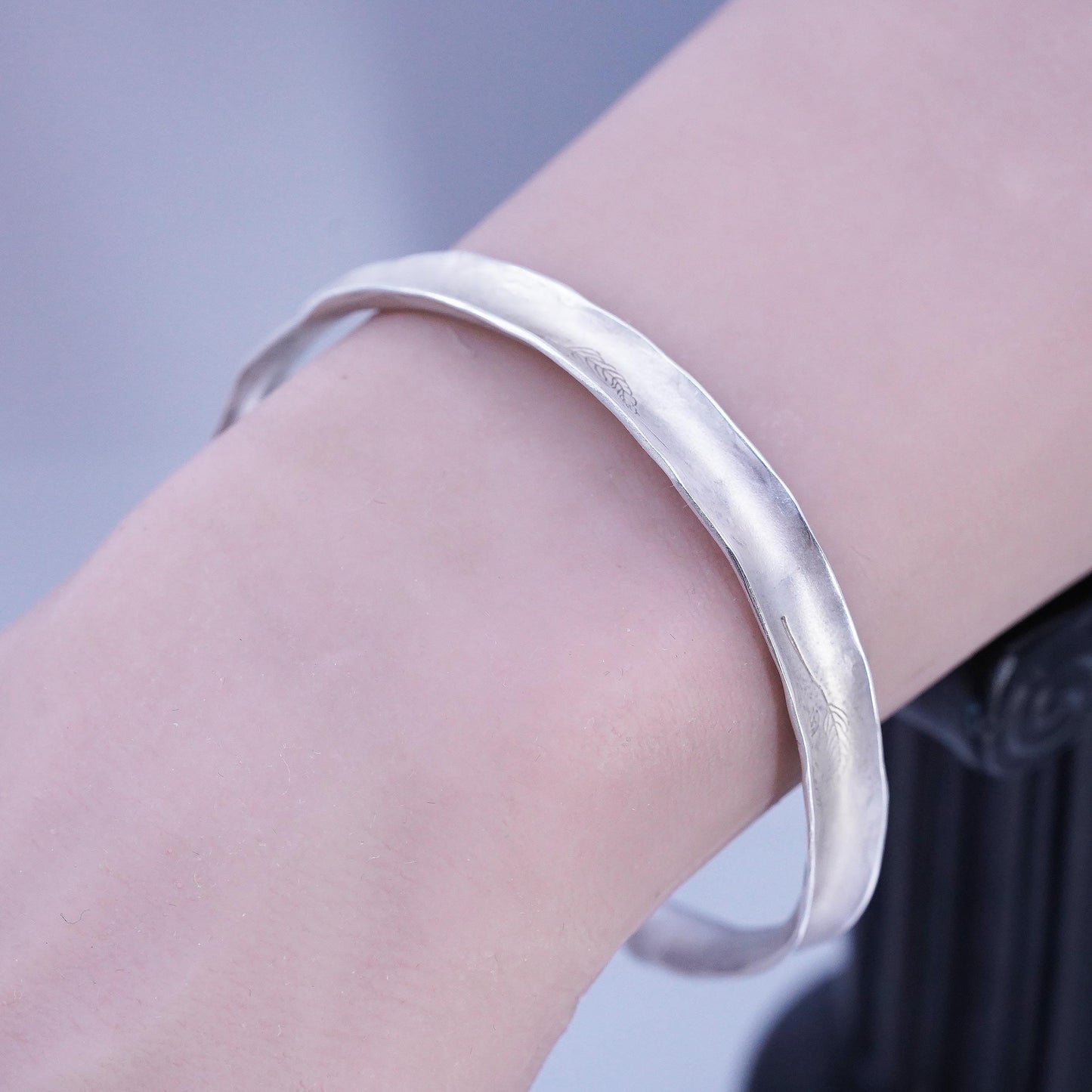 7.5", Vintage Sterling Silver Leaf Engraved Cuff Bracelet Matte 925 Open Bangle