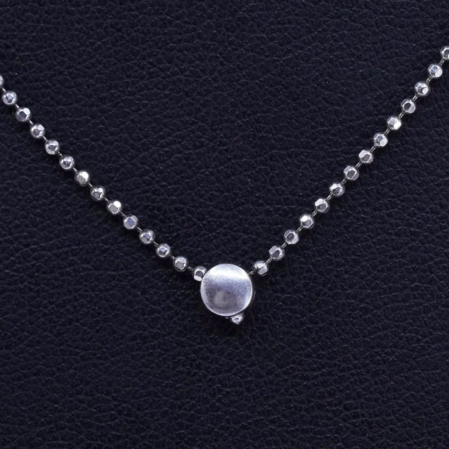 16” 1mm, vintage Italy Sterling 925 silver bead chain necklace circle pendant