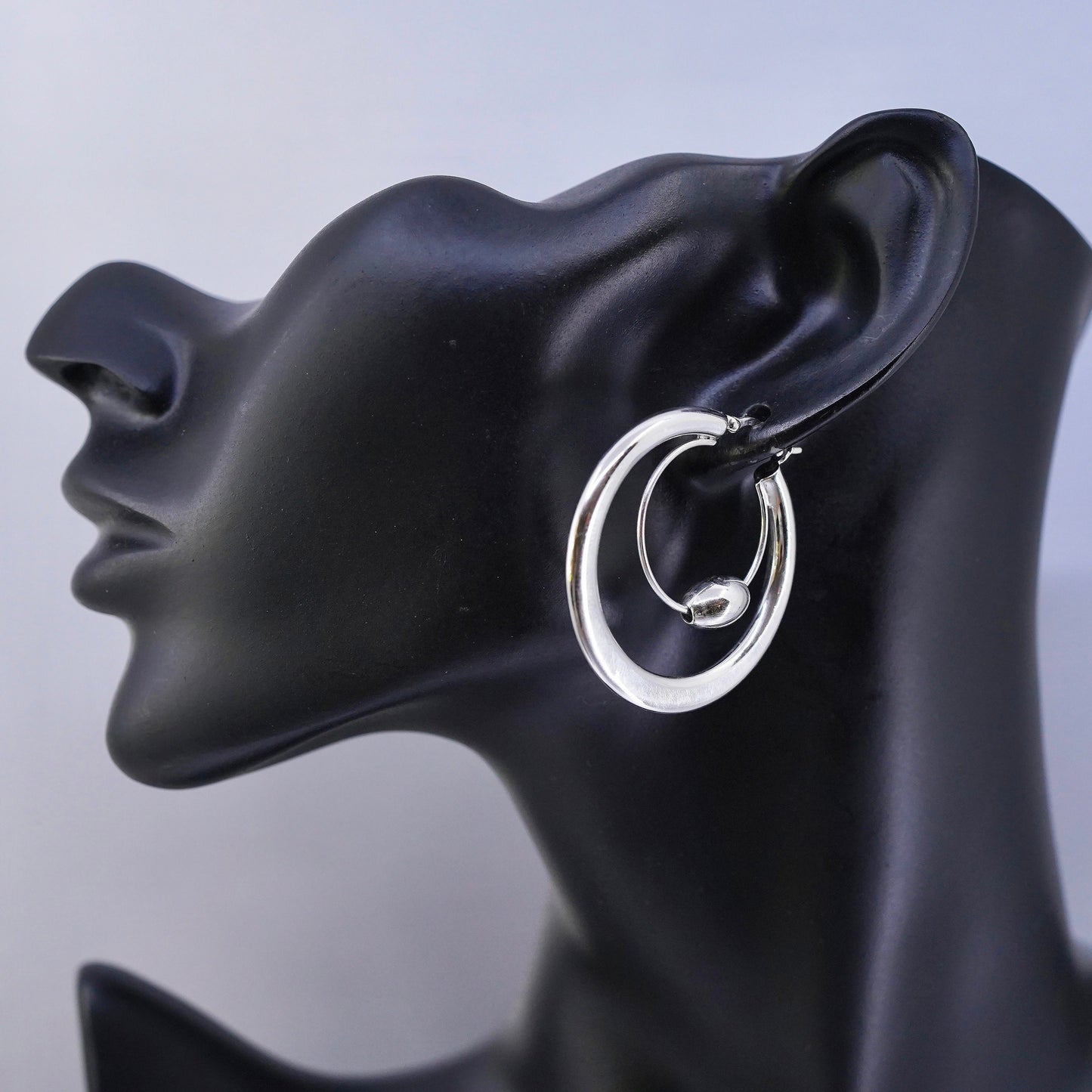 1.75”, vintage Sterling silver handmade earrings, huge 925 bold hoops w/ beads