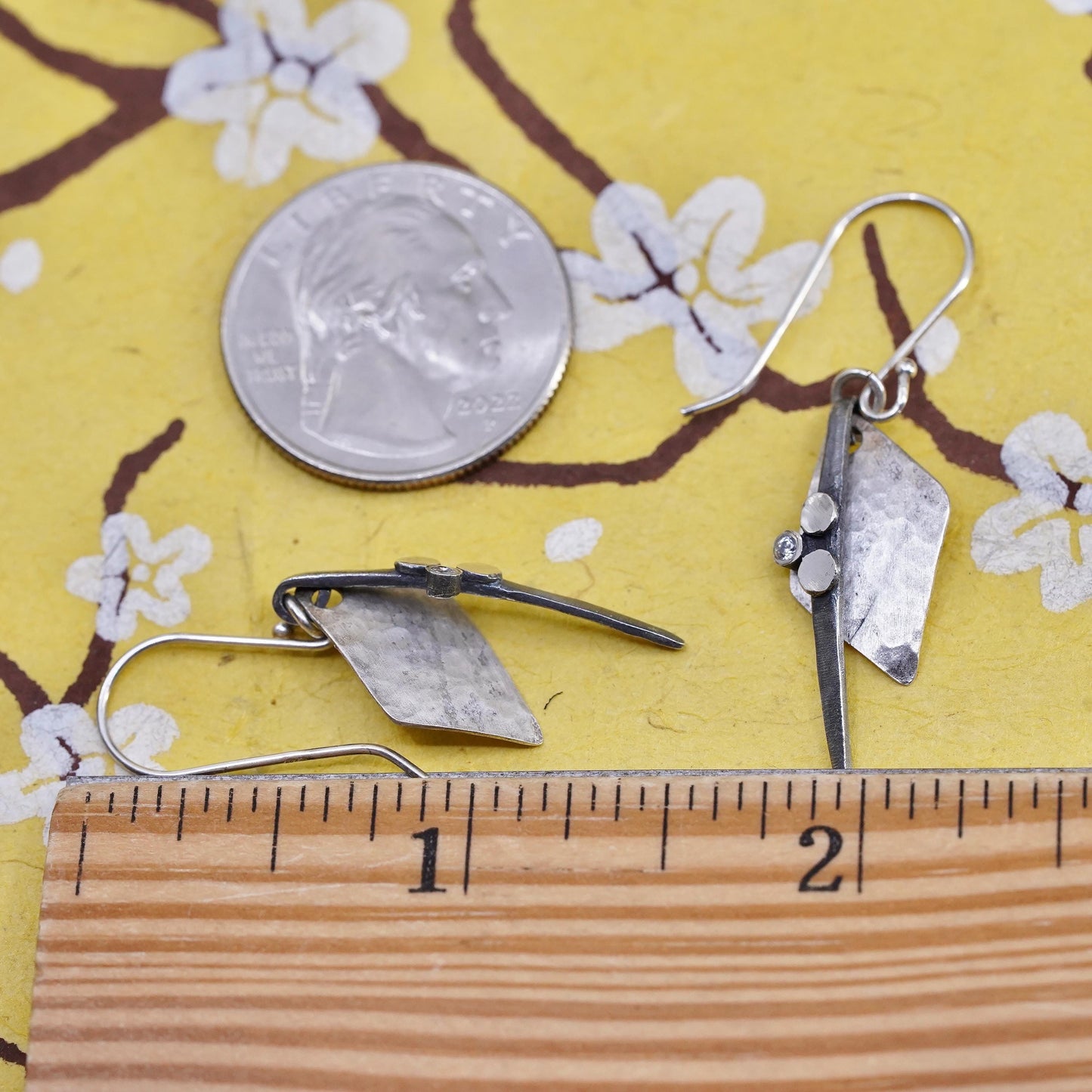 Vintage handmade sterling silver earrings, 925 hammered disc with cz and beads