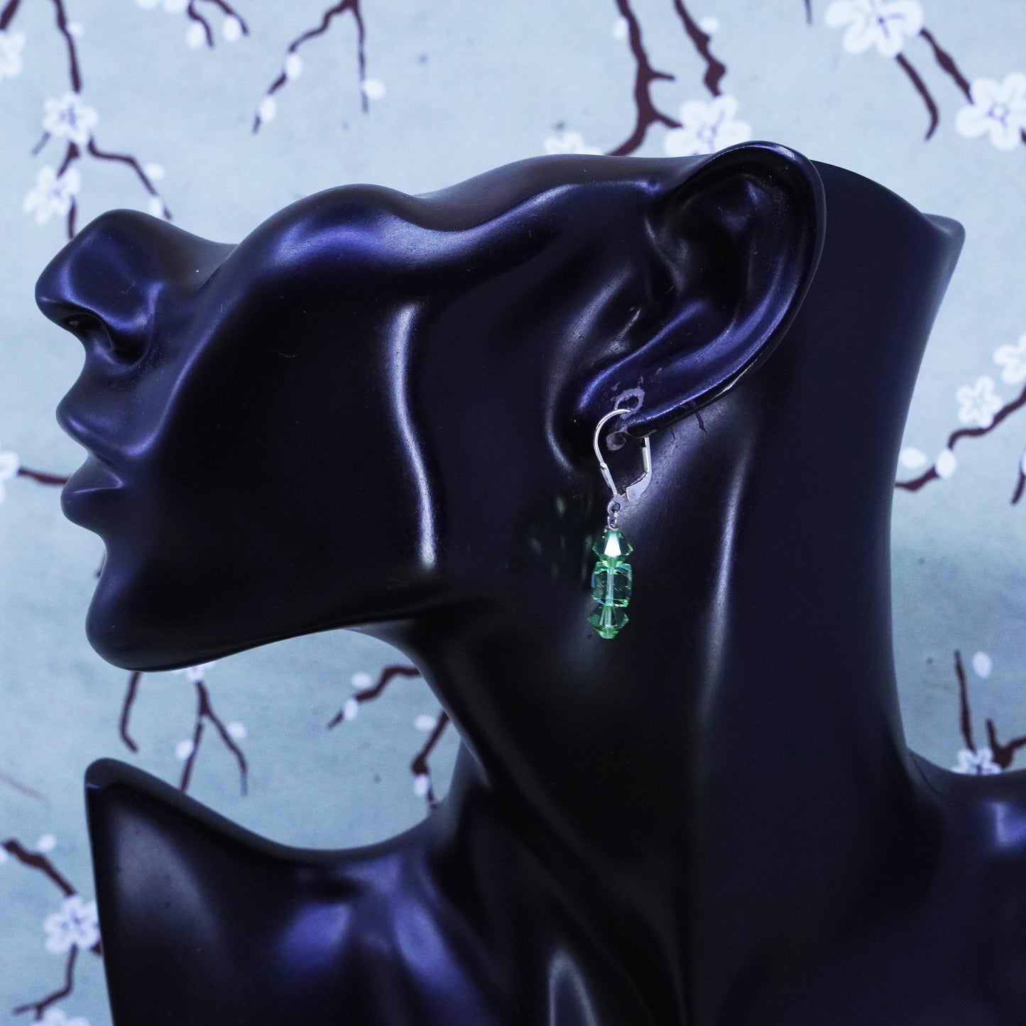Vintage sterling silver handmade earrings, 925 silver with green crystal drops