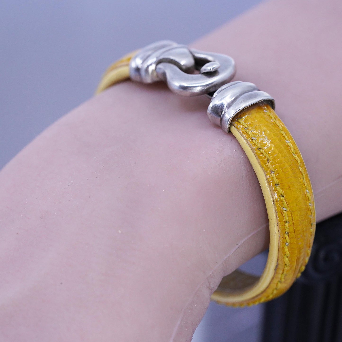 Industria Argentina Sterling 925 Silver Bracelet, Yellow Lizard Leather bangle