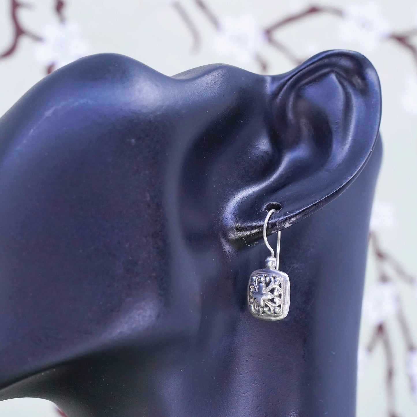 Vintage Sterling 925 silver handmade square filigree earrings with cross