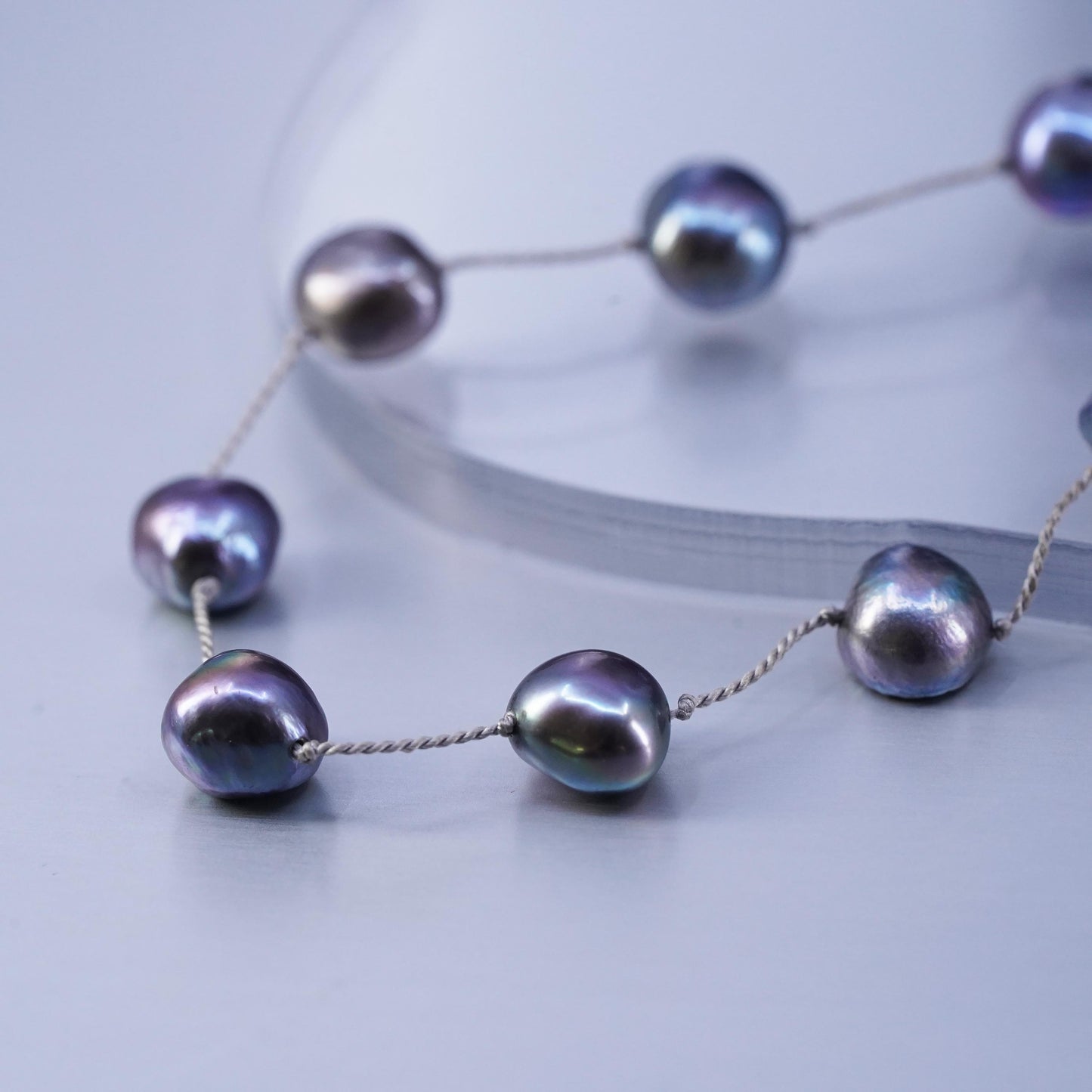 14”, vintage Sterling 925 silver handmade black pearl chain tennis necklace