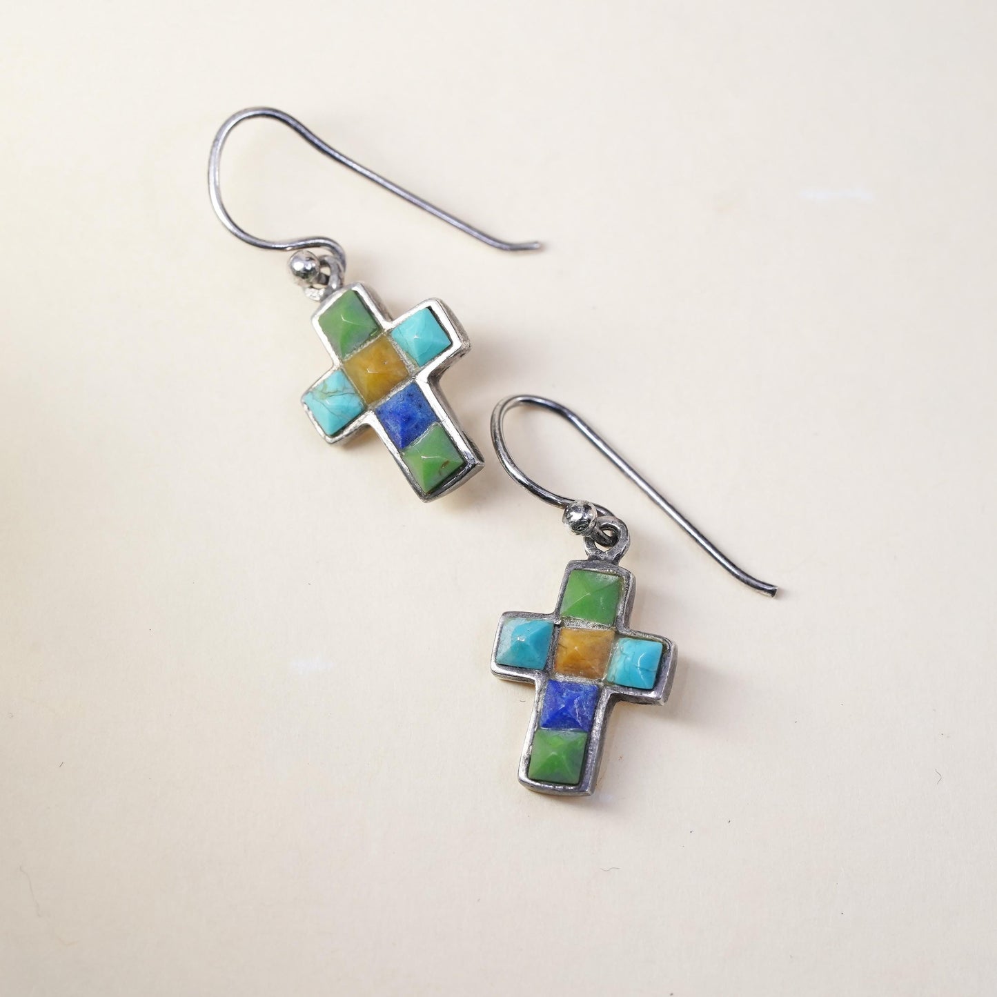 Native American Sterling 925 silver handmade earrings, cross coral turquoise