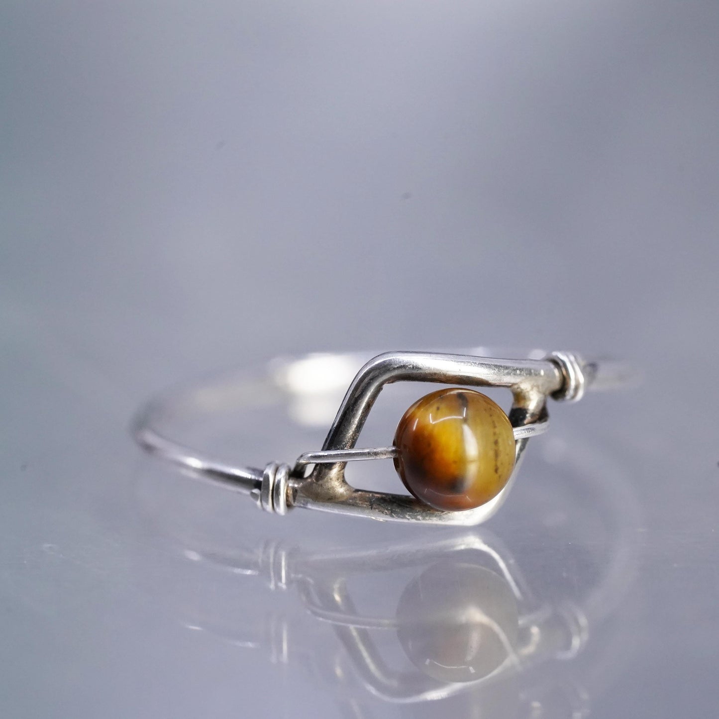 Size 4.5, vintage Sterling 925 silver handmade ring, wired band with Tiger eye