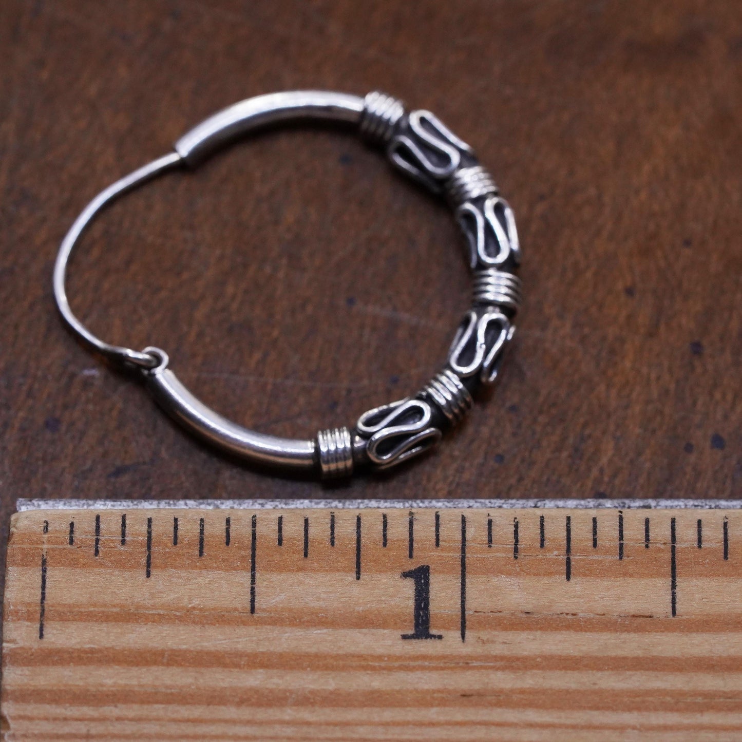 1", Vintage sterling silver loop single earring, textured wired hoop