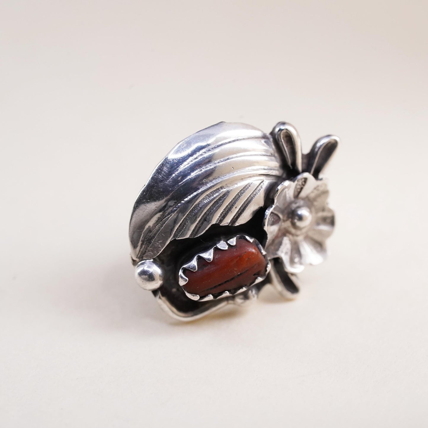 Native American Navajo handmade single earring. Sterling 925 silver stud coral