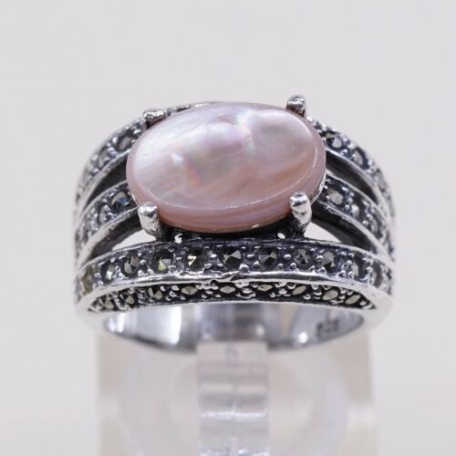 Sz 6.75, Vtg Sterling 925 Silver handmade Ring W/ Mother Of Pearl n marcasite