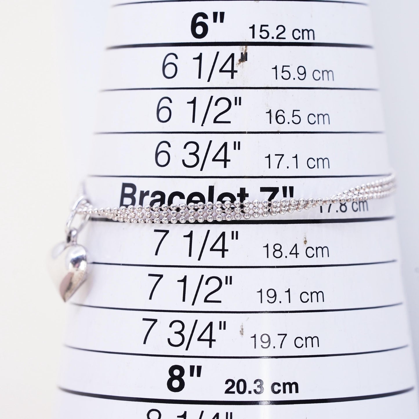 7” 4mm, Vintage Italian sterling silver bracelet, 925 bead chain heart charm