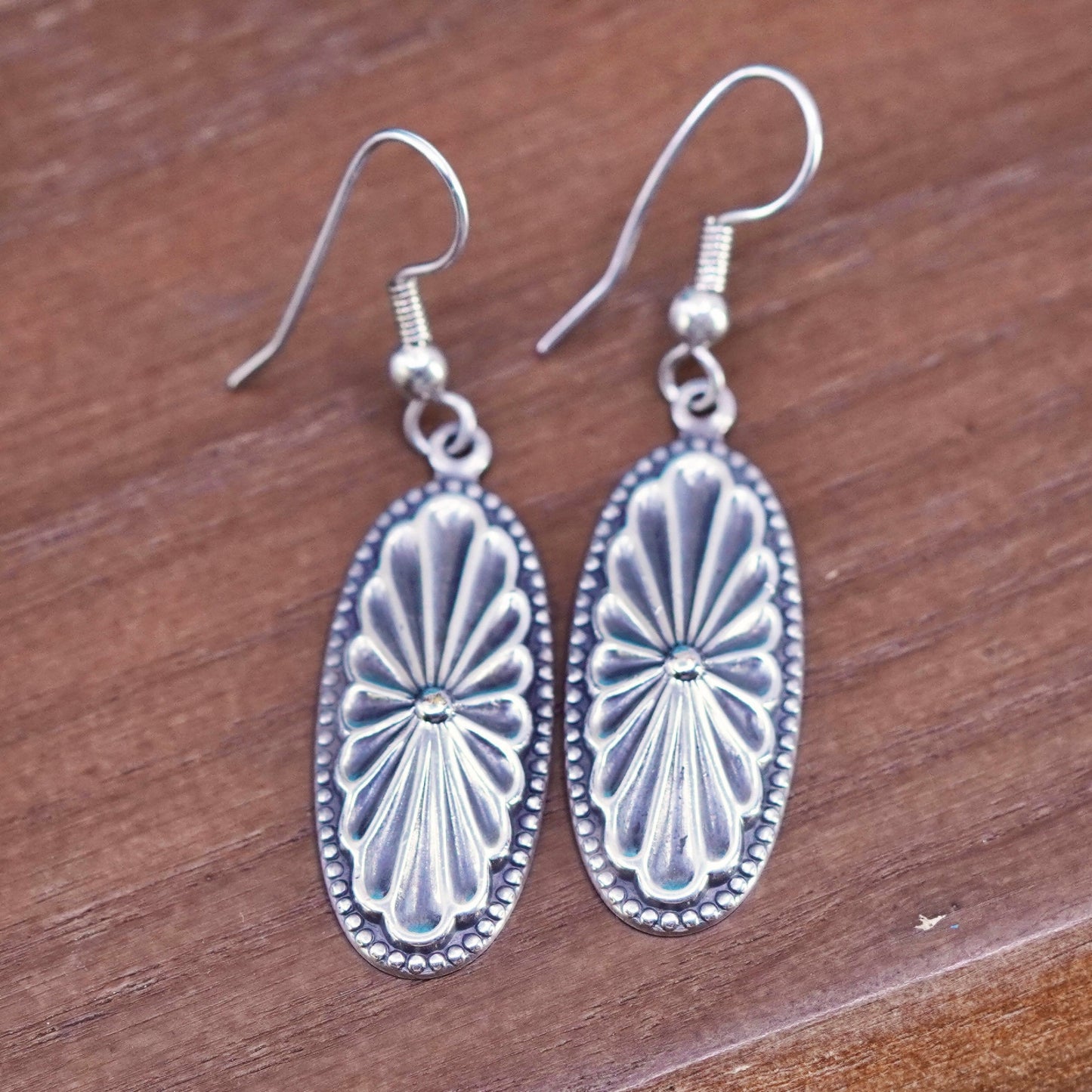 Vintage sterling silver handmade earrings, textured 925 oval drops