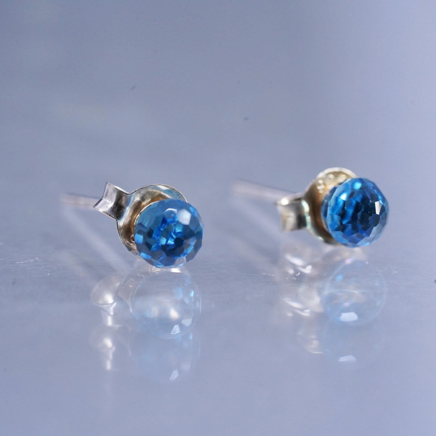 4mm, Vintage Sterling 925 silver handmade earrings, blue crystal studs