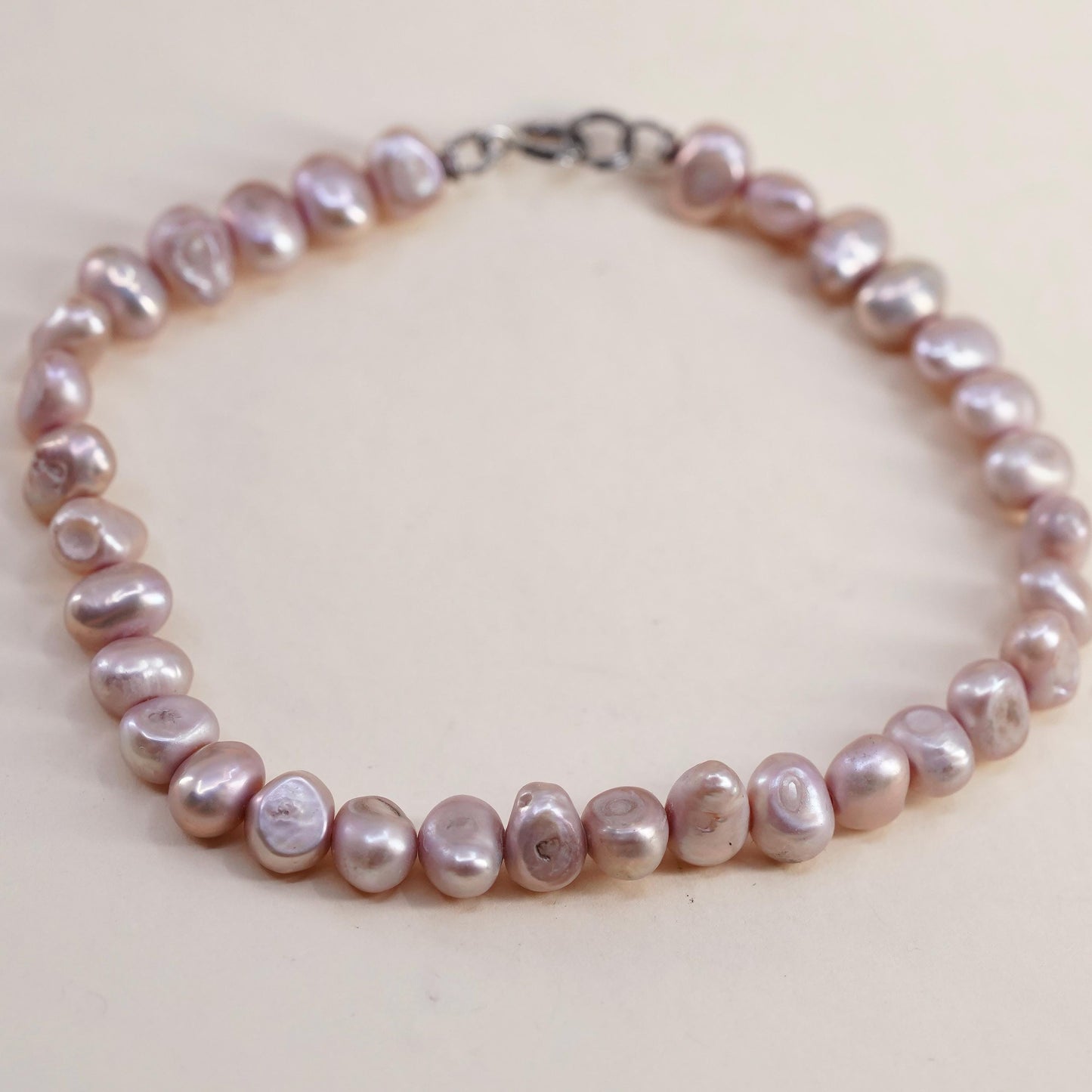7.25” 5mm, Vintage handmade bracelet, pink freshwater pearl w/ 925 silver clasp