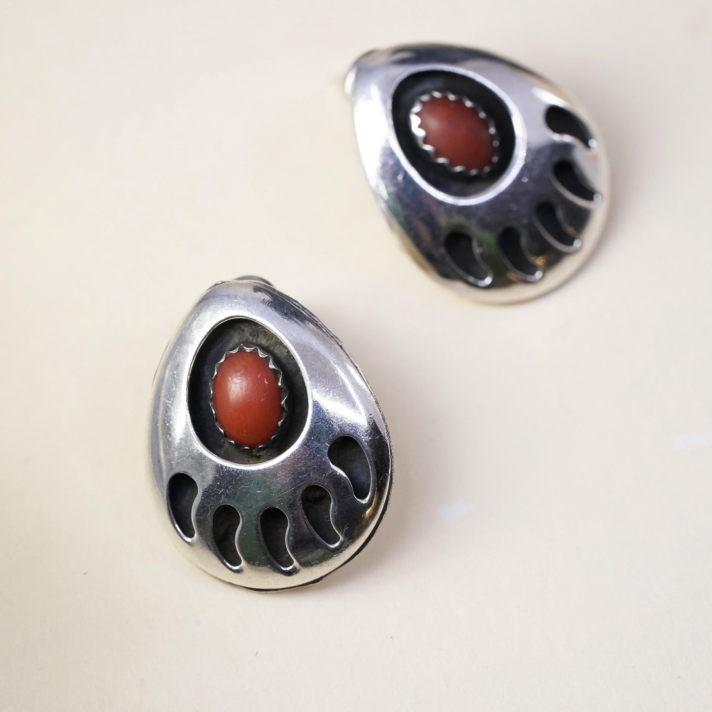 Southwestern sterling silver handmade earrings, bear paw 925 studs with coral