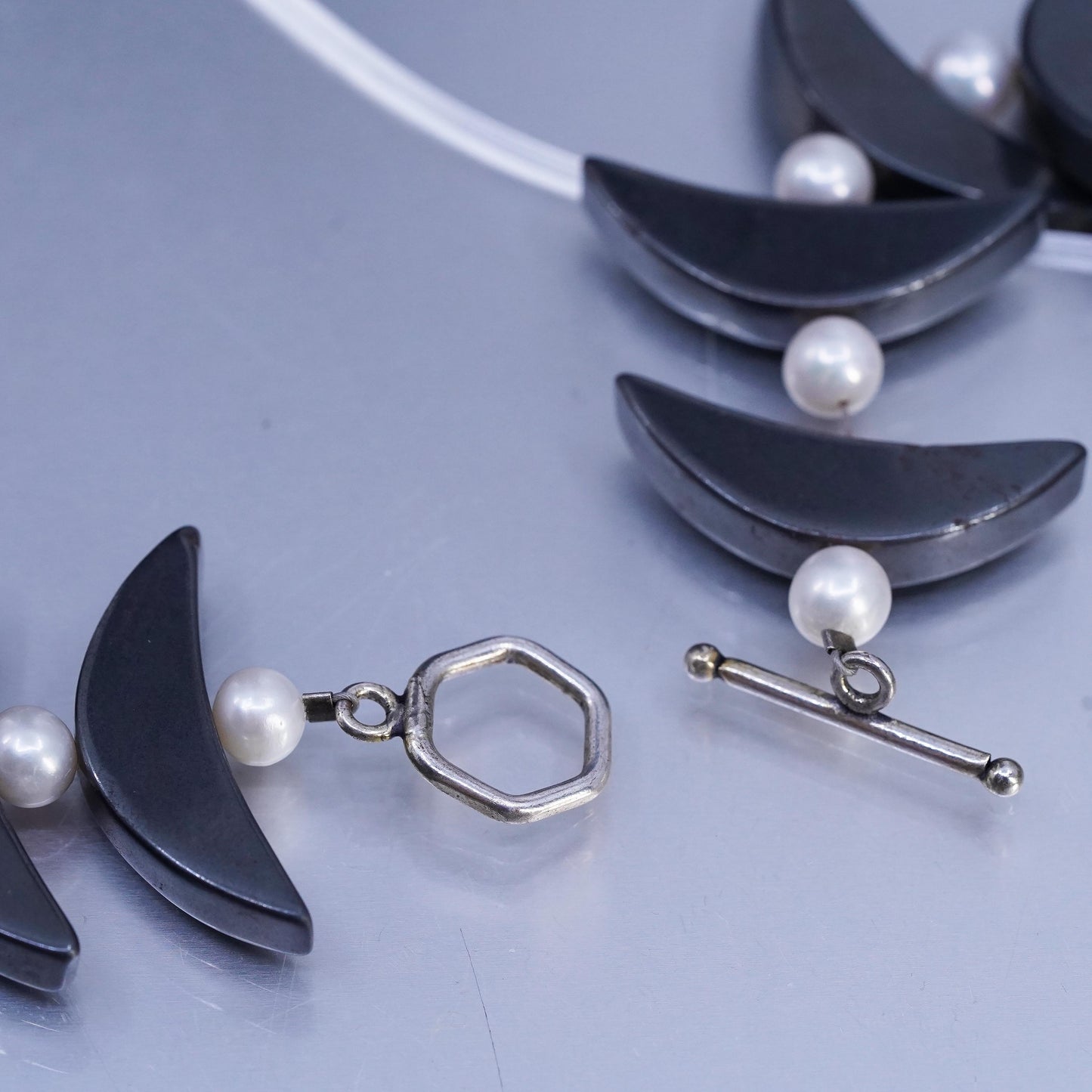18", Vintage Sterling 925 silver necklace hematite moon, pearl toggle closure