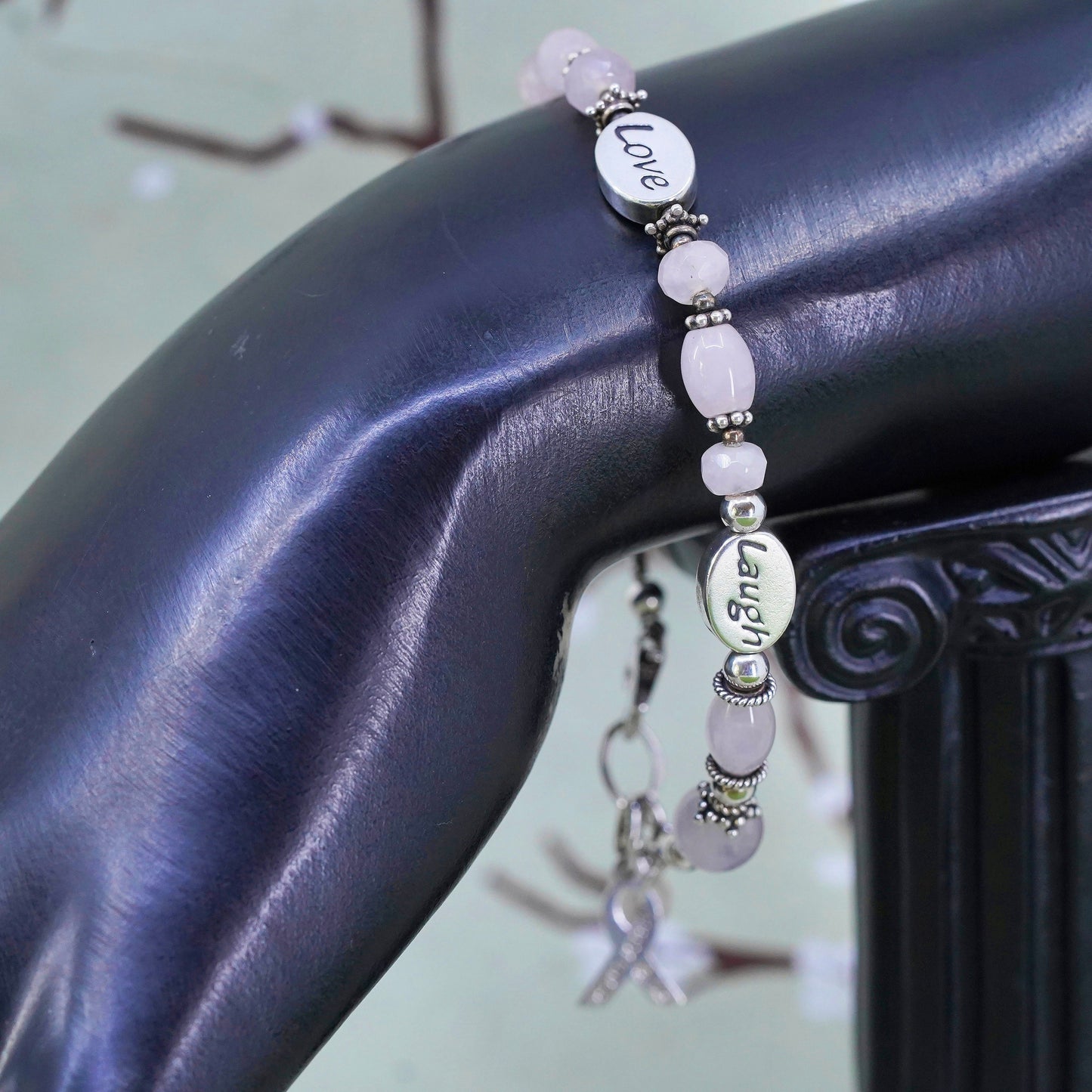 7.25", Sterling 925 silver breath cancer survivor bracelet “live love laugh”