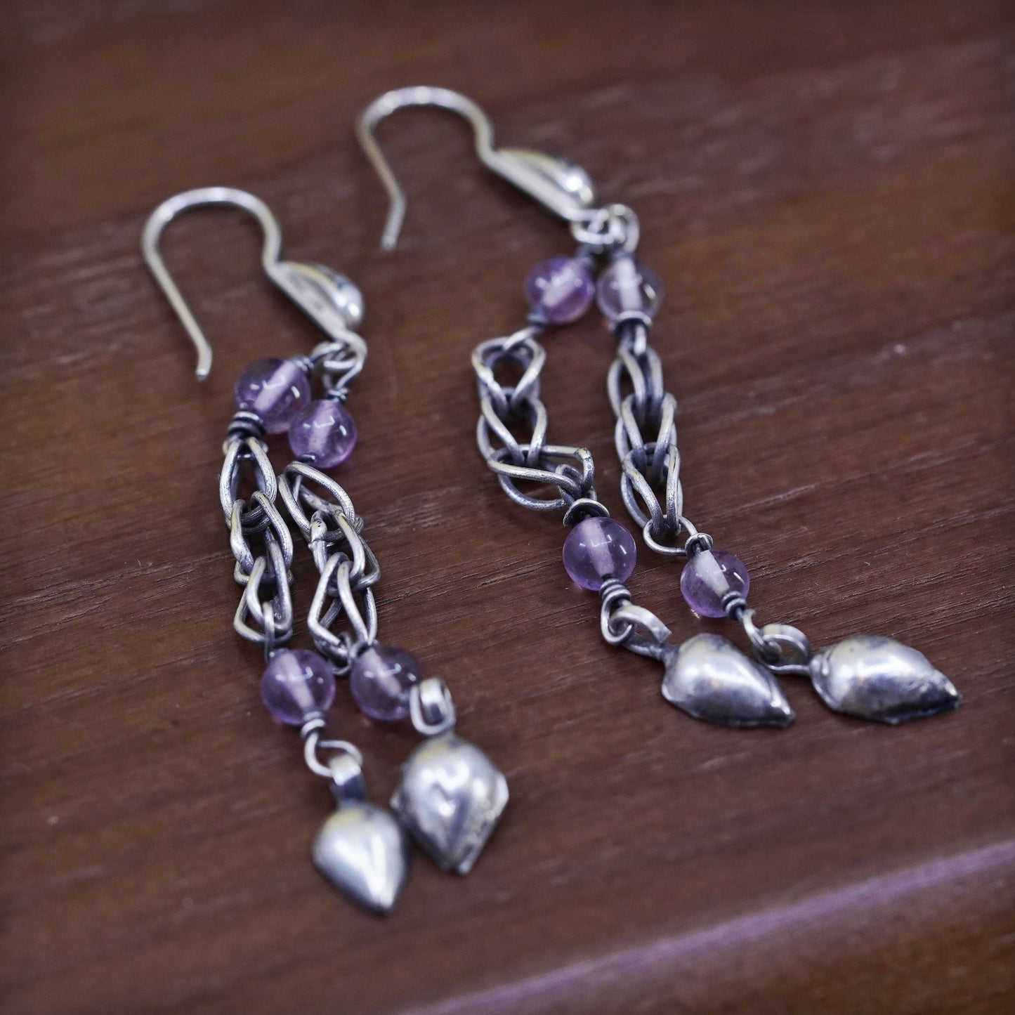 Vintage Sterling 925 silver handmade chain earrings with amethyst beads