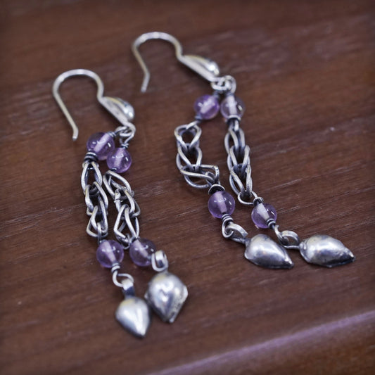 Vintage Sterling 925 silver handmade chain earrings with amethyst beads