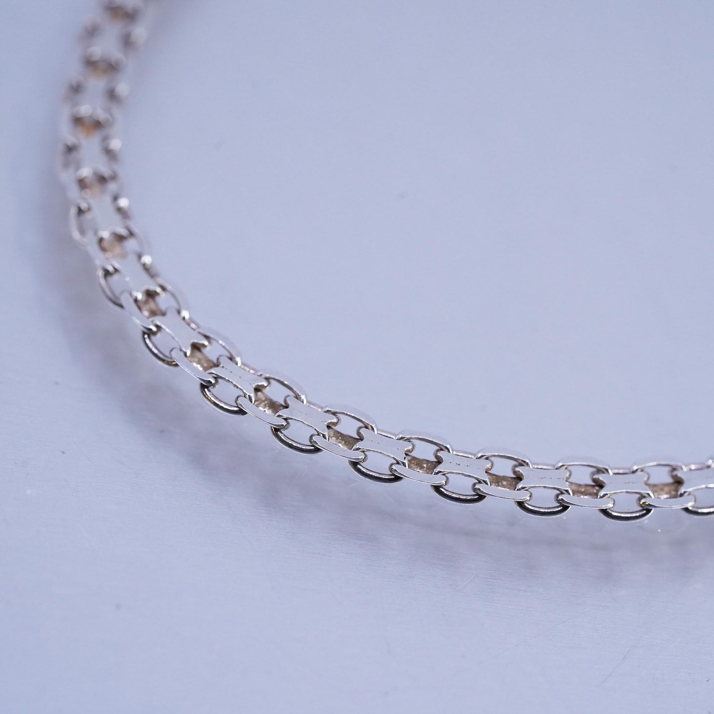 7" 4mm, Vintage Italia Sterling 925 silver bracelet, flatten curb link chain