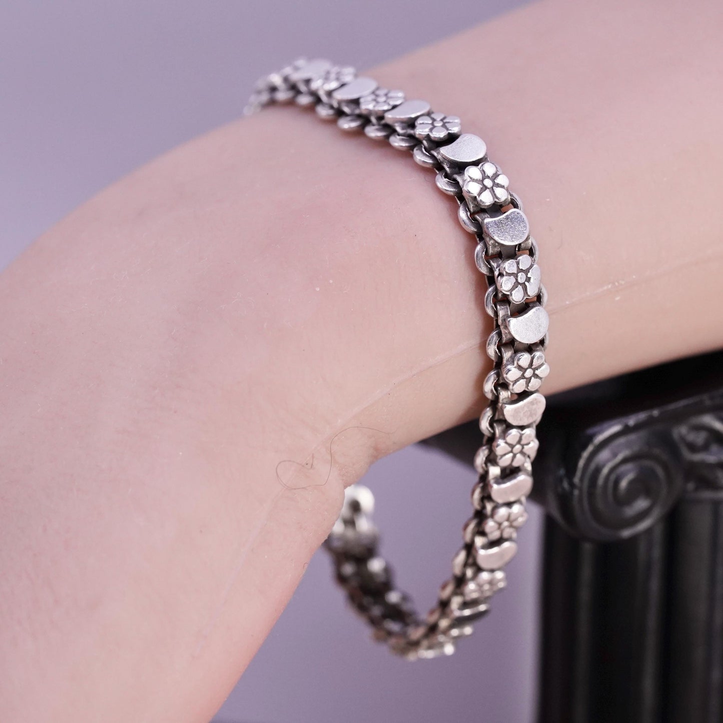 7.25", vintage Sterling silver handmade tennis bracelet, 925 flower links