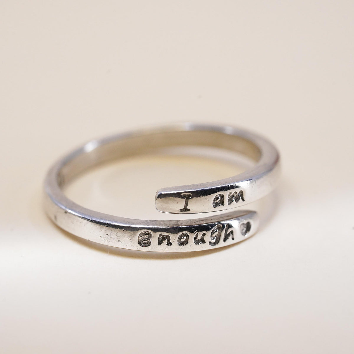 Sterling Silver 925 I Am Enough Wrap Ring, Inspirational Affirmation Heart Band