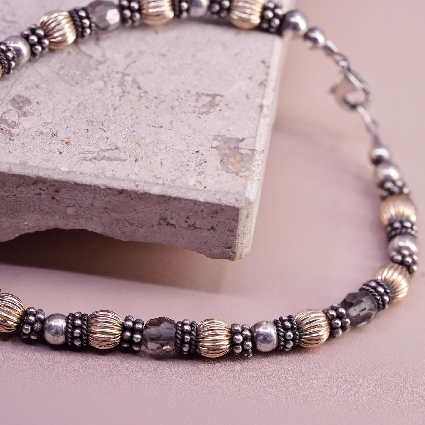 8.5", vintage sterling handmade bracelet, 14K gold, crystal beads chain