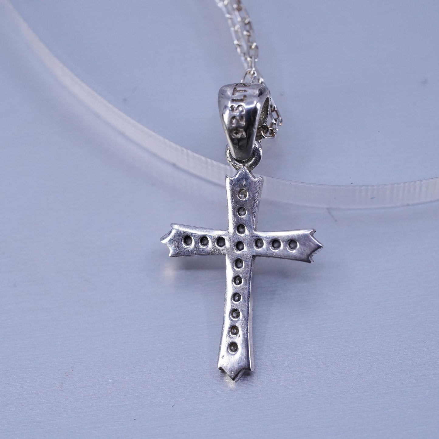 18”, vintage Sterling 925 silver circle necklace with cross pendant and cz