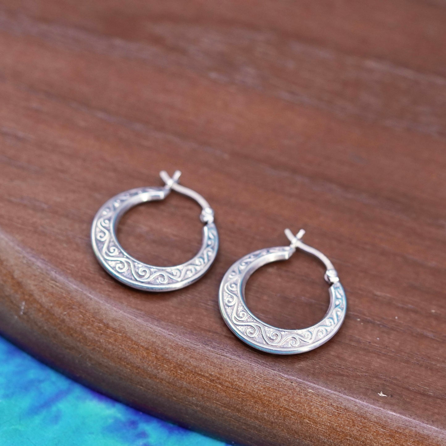 1”, vintage Sterling silver handmade earrings, textured 925 hoops, huggie