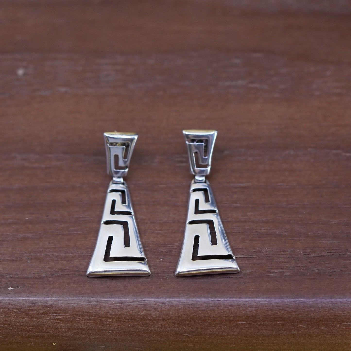 Vintage Sterling silver handmade earrings, 925 teardrop Greek key dangles