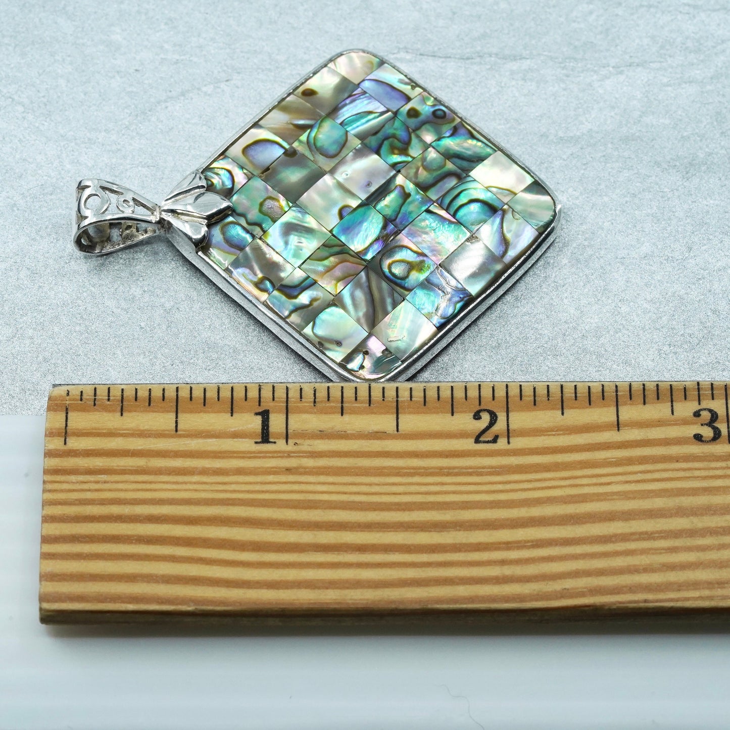 vintage sterling 925 silver handmade square pendant with abalone inlay