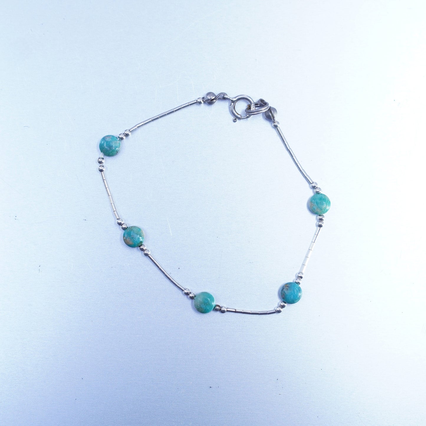 7.5”, Sterling 925 silver handmade bracelet, liquid silver chain turquoise bead