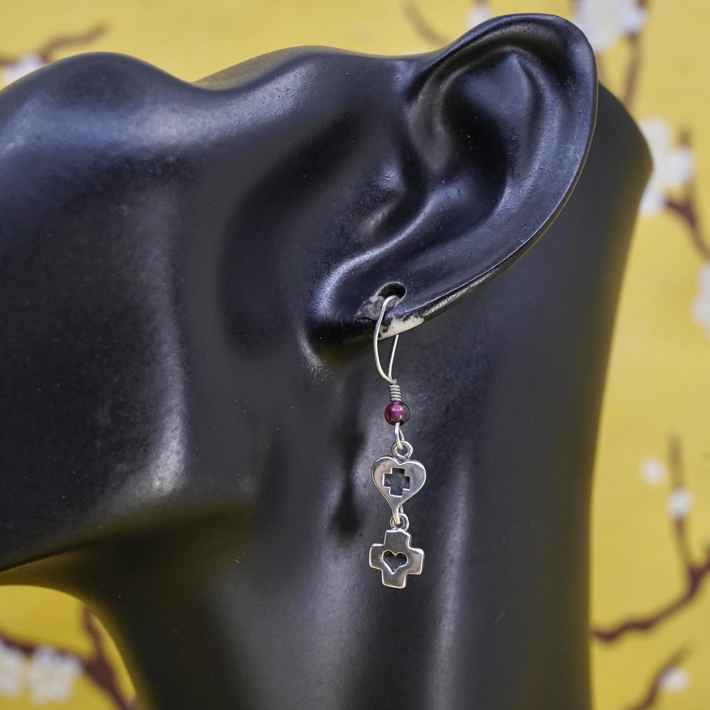 vintage handmade sterling silver earrings, 925 heart cross shaped dangles