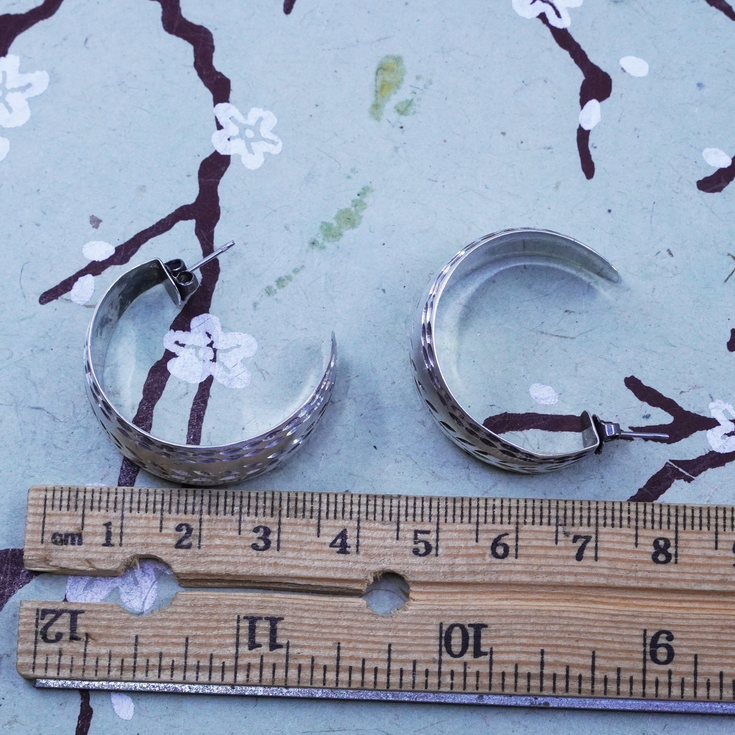 1.25”, Vintage sterling silver handmade earrings, textured wide Huggie hoops