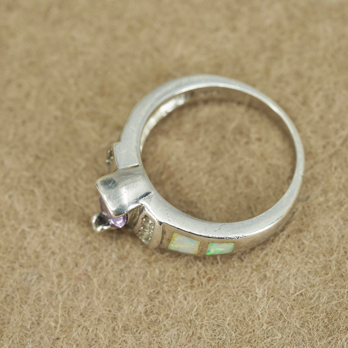 Size 6, vintage Sterling 925 silver handmade ring with amethyst and opal inlay