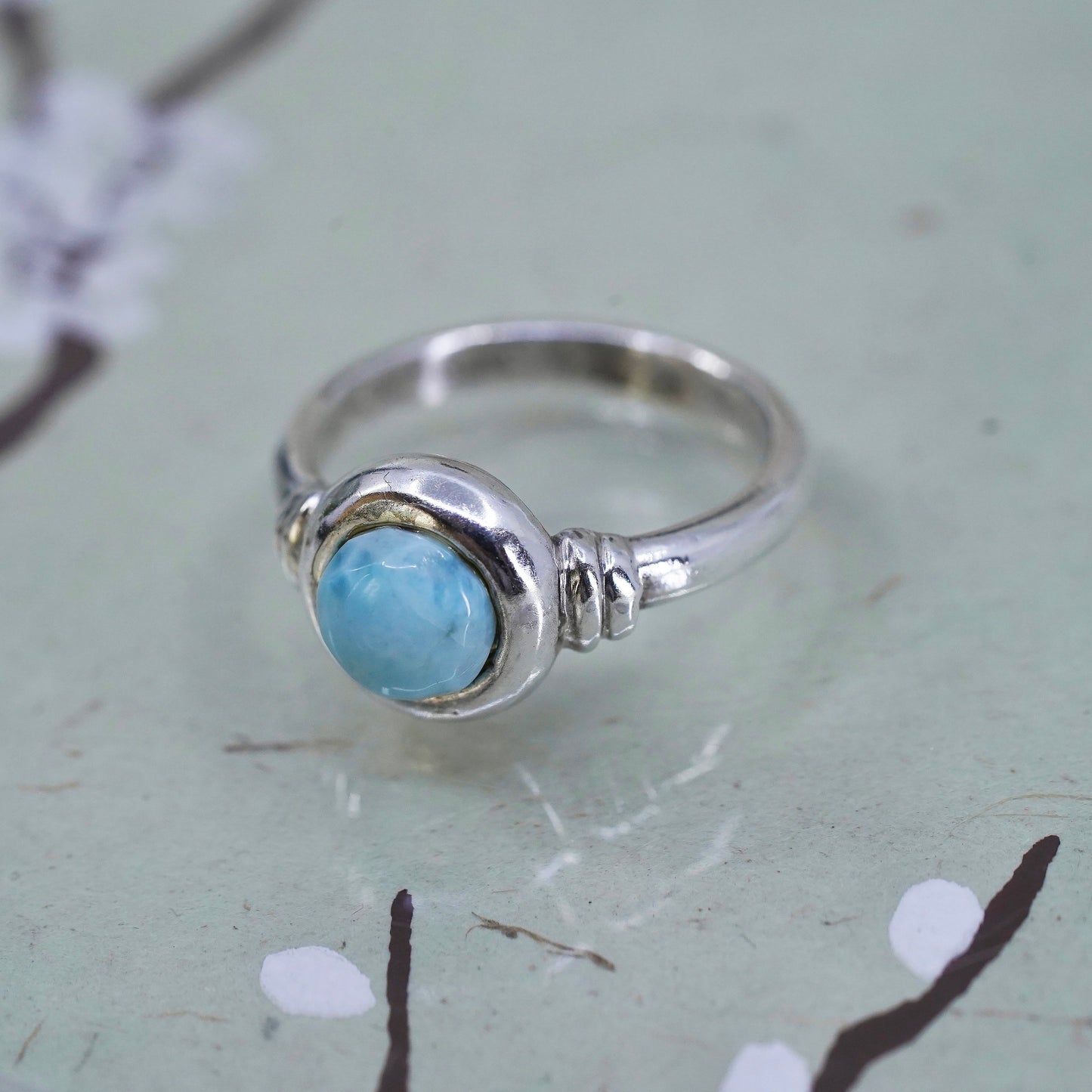 Size 7.25, Vintage Sterling silver handmade ring, 925 band with Larimar