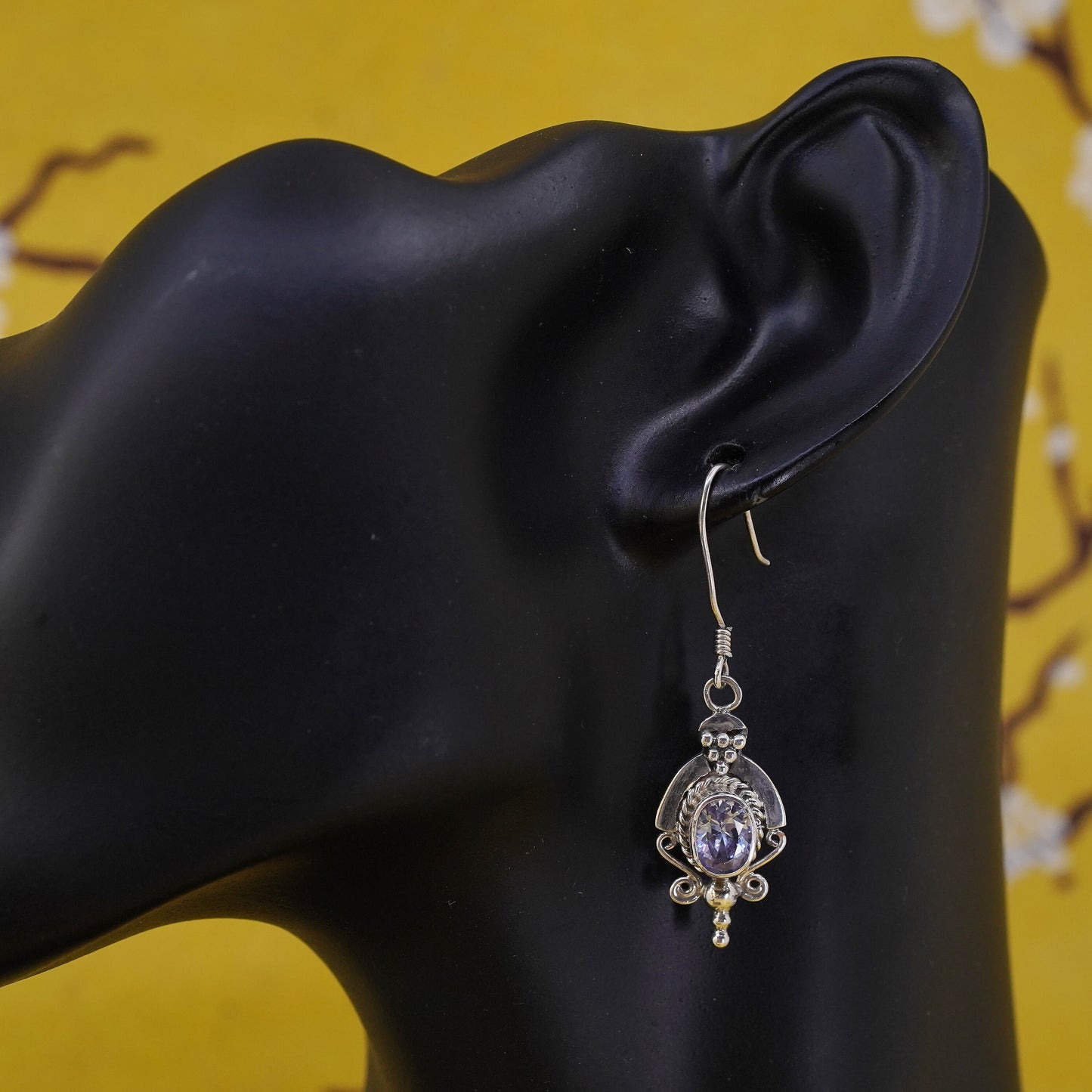 Vintage Sterling silver handmade earrings, 925 bali with oval amethyst