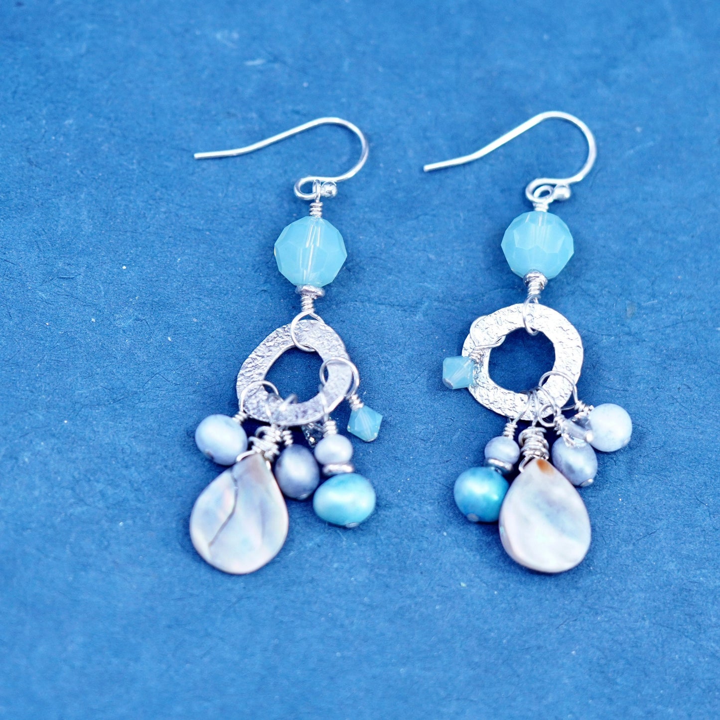 Rare 925 Sterling 925 Silver handmade pearl abalone bead dangly earrings