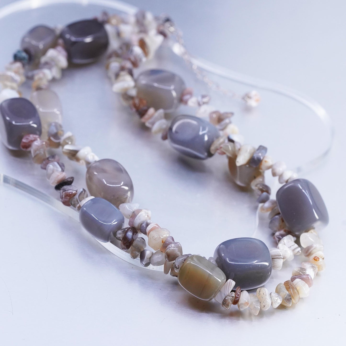 16+2”, southwestern Sterling 925 silver double strands necklace agate nugget