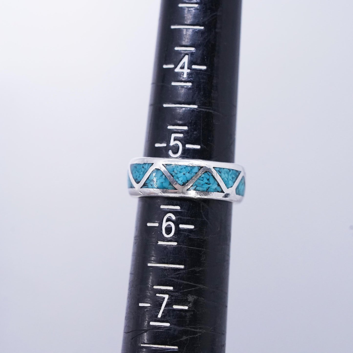 size 5.25, Native American Zuni Sterling Silver Ring, 925 zigzag band turquoise