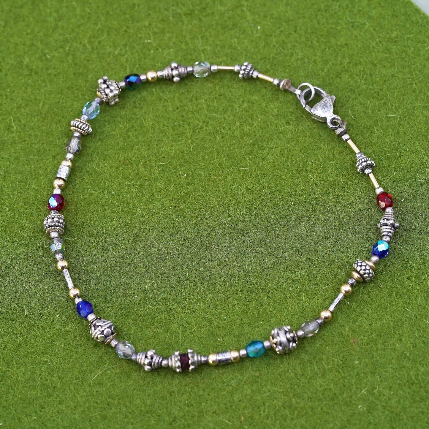 9.5", Italy Sterling 925 silver bracelet anklet with colorful crystal beads