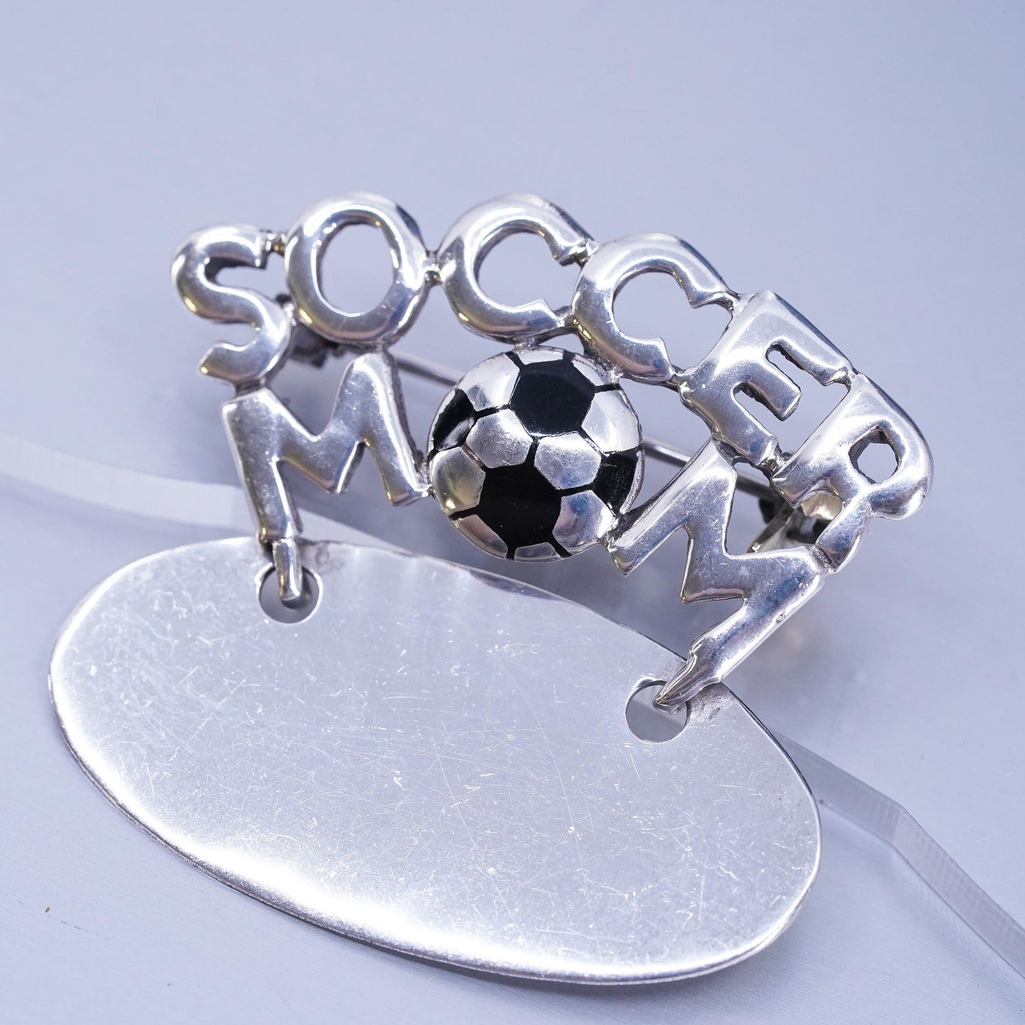 Vintage sterling silver handmade brooch, 925 soccer mom pin with blank tag