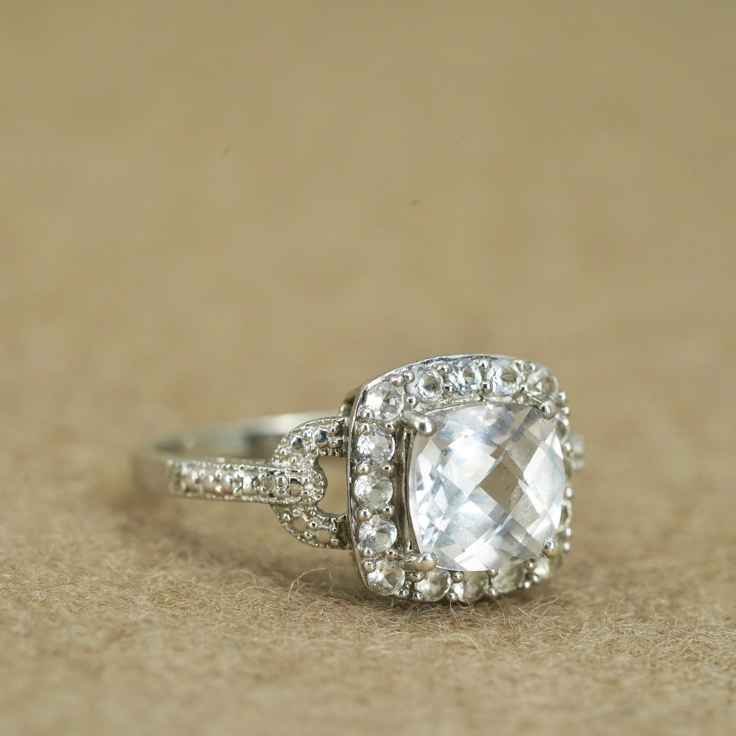 Size 7.5, vintage Sterling 925 silver handmade engagement ring with cluster Cz