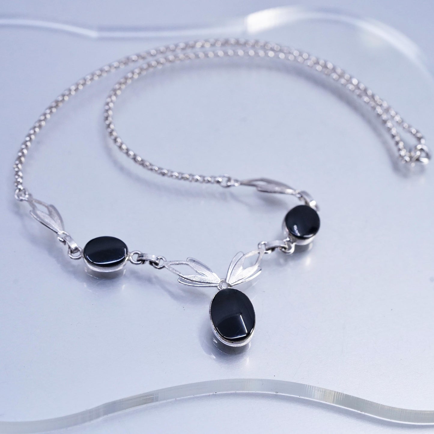 16”, vintage Sterling 925 silver handmade circle chain necklace onyx pendant