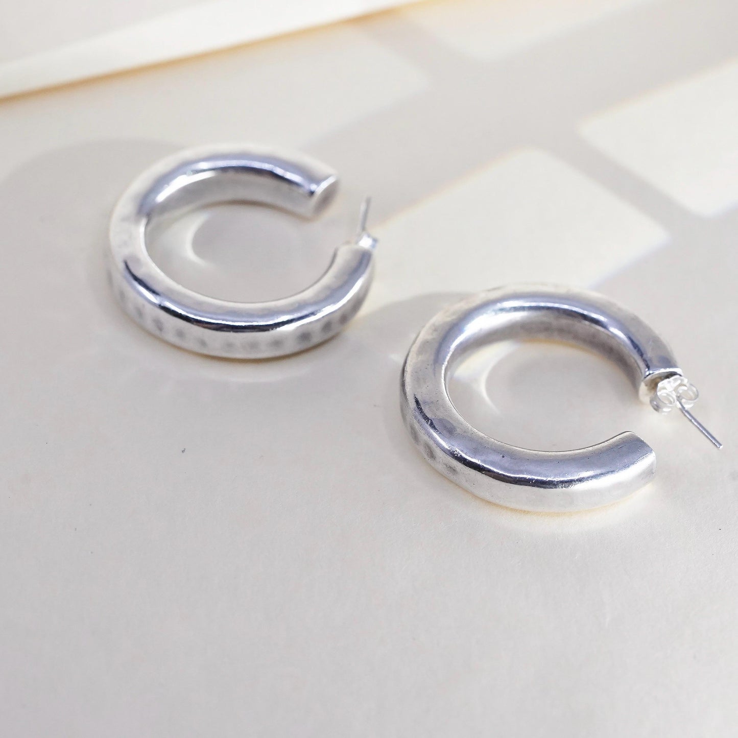 1.25” Vintage sterling 925 silver earrings, hammered textured bold hoops studs