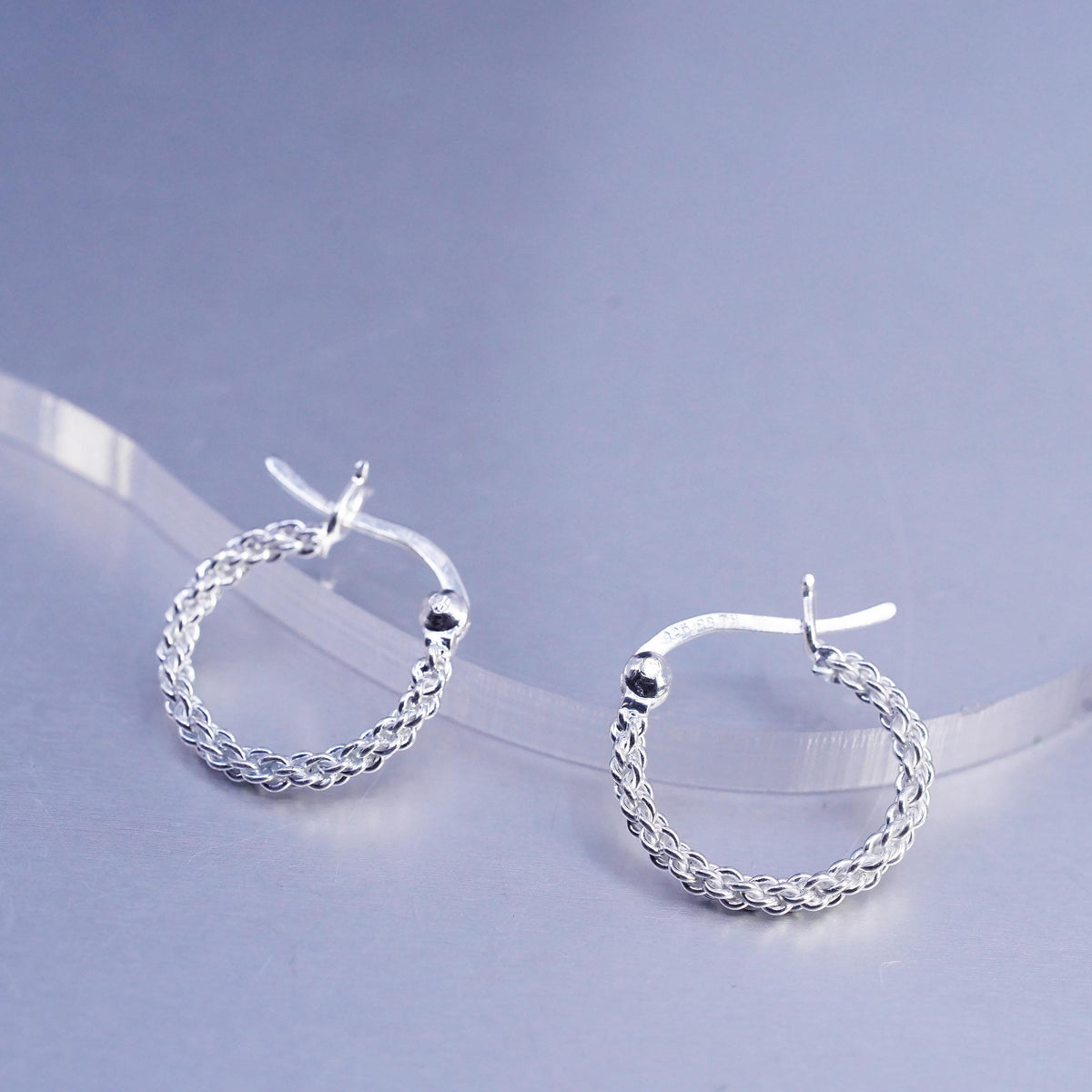 0.5", VTG 925 Sterling Silver Handmade Earrings, 925 huggie mesh chain hoops