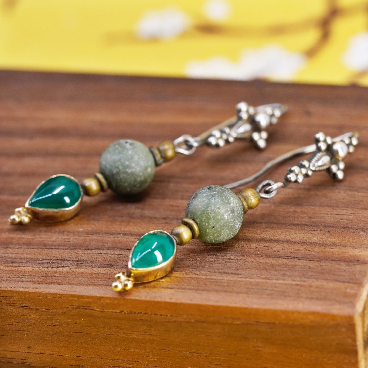 Vintage sterling silver 925 handmade cross earrings with teardrop jade
