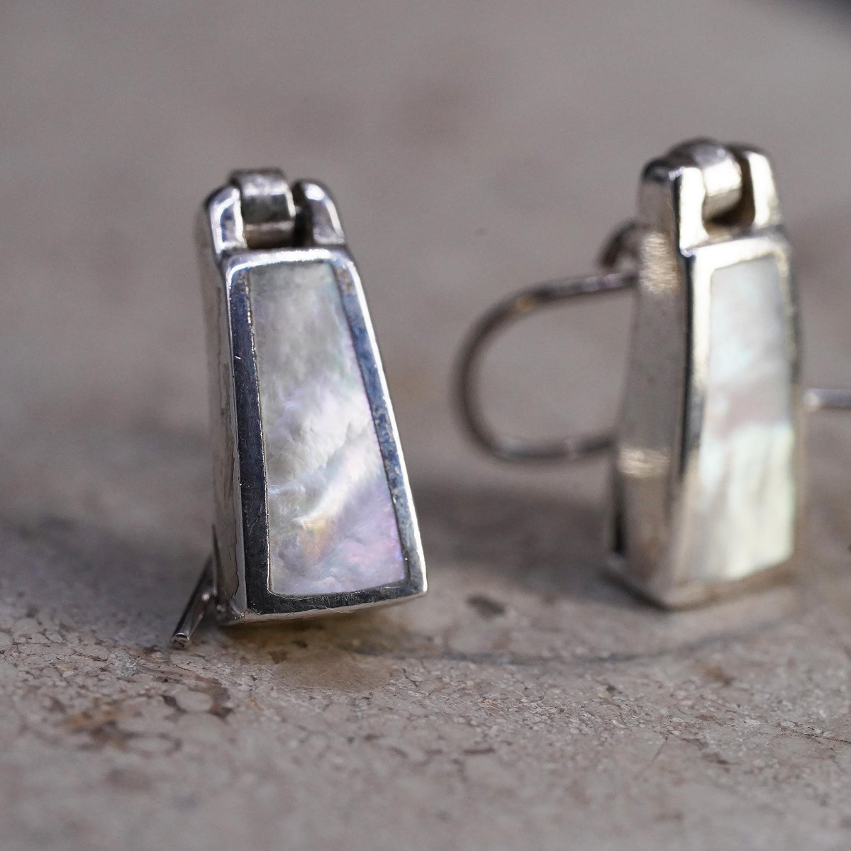 Vintage sterling silver handmade earrings, 925 drops with mother of pearl inlay