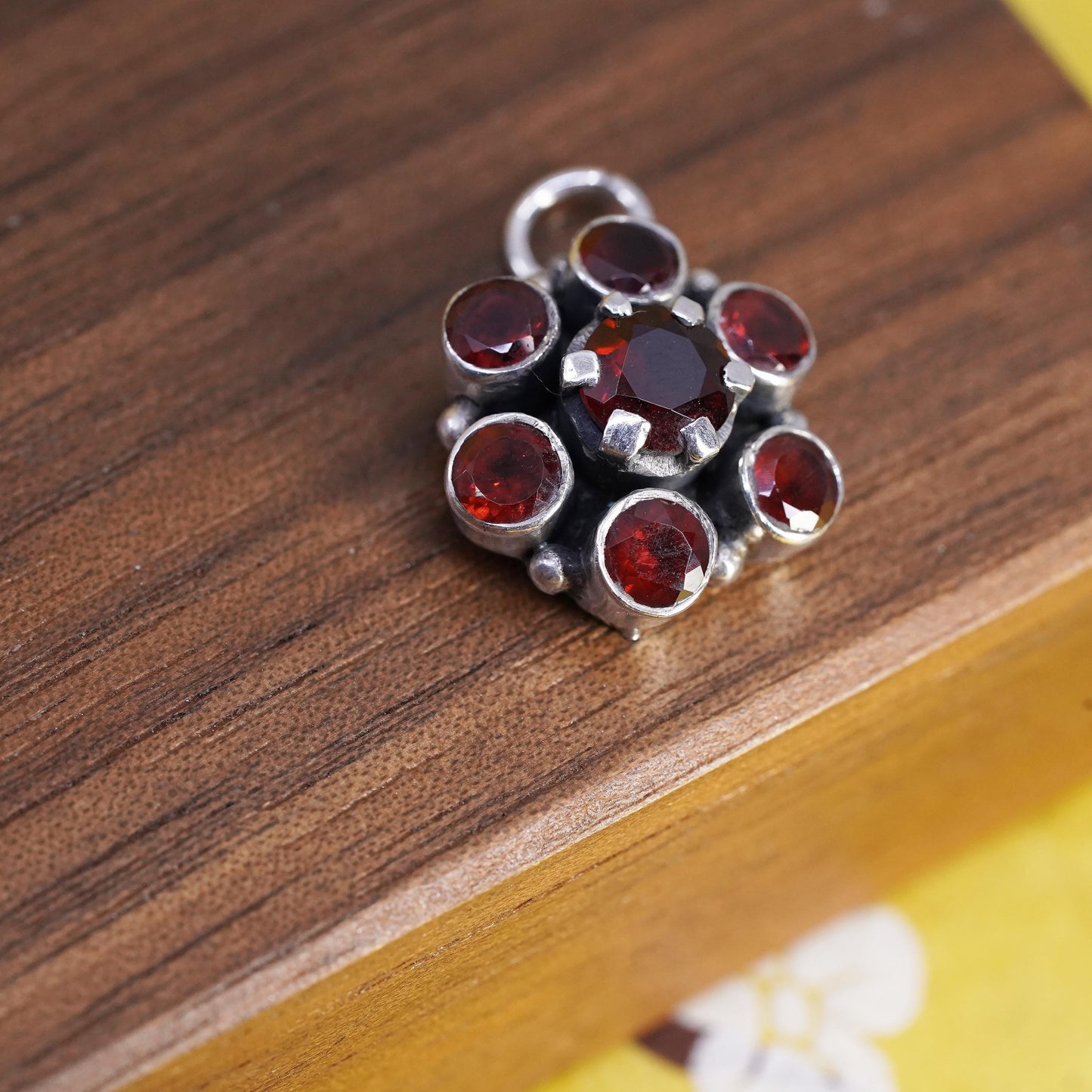 Vintage Sterling silver handmade pendant, 925 silver flower charm with garnet