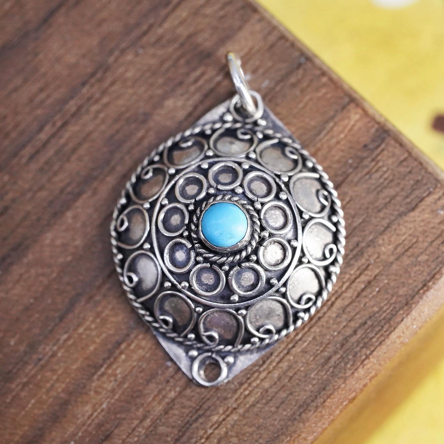 Mexican Sterling Silver Turquoise Pendant, 925 Boho Charm, Oxidized Filigree